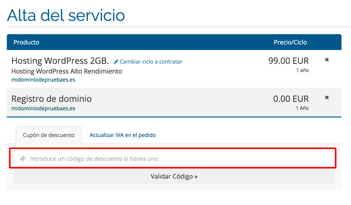 Introducir el cupón descuento de Webempresa