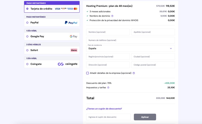 Incluir cupón descuento Hostinger