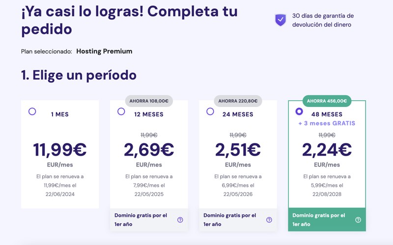Periodo facturación hostinger