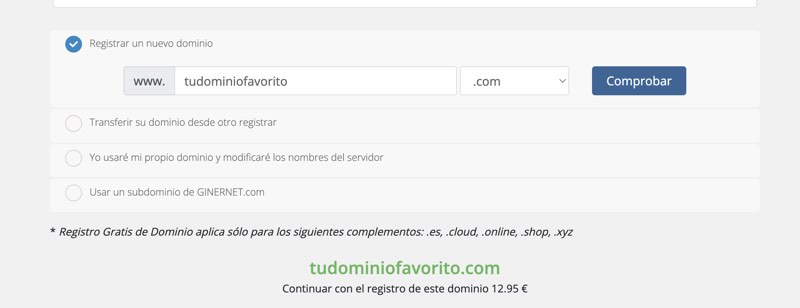 Registro de dominio web en Ginernet